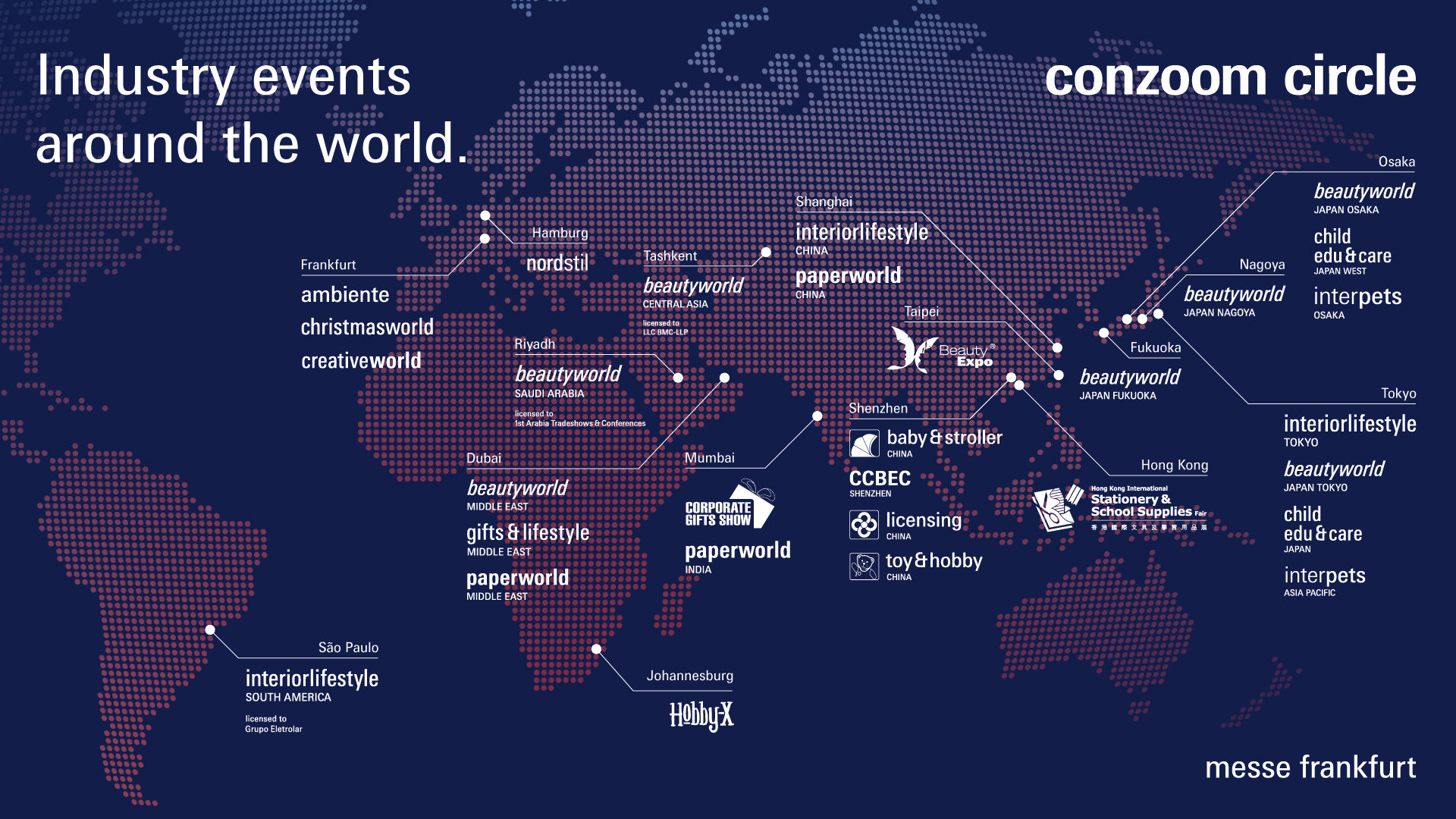 World map: Messe Frankfurt Consumer goods fairs worldwide